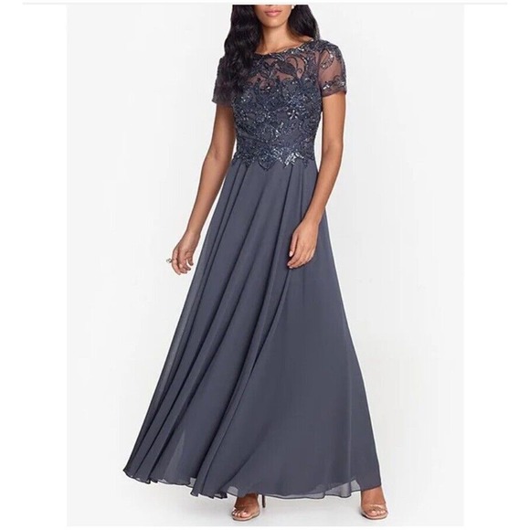 Xscape Navy Blue Embellished Chiffon Ball Gown Dress Wedding Mother Size 14 NWT - Picture 11 of 13